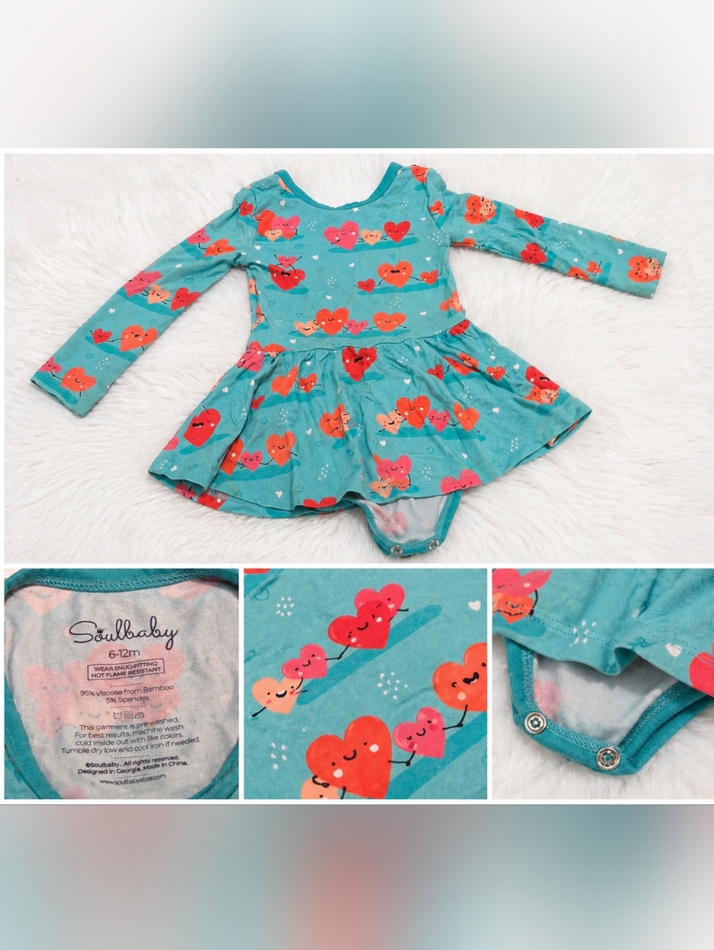 6-12mo SoulBaby Bamboo Turquoise Heart Print Skater Bodysuit